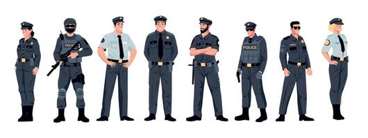 Politie officieren. tekenfilm politieagent politievrouw karakters, vlak politie team in uniform, bewaker en veiligheid handhaving concept. vector geïsoleerd reeks