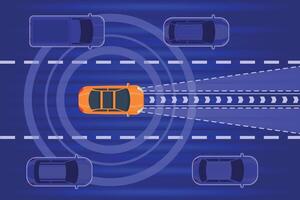slim autonoom auto rit in verkeer top visie. toekomst auto met radar technologie systeem scannen stad weg. auto elektrisch vervoer vector tafereel