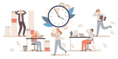 kantoor arbeiders en bedrijf mensen werken naar ontmoeten deadline. mannetje en vrouw collega's in stressvol milieu vector