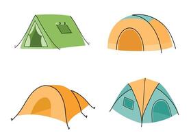 tekenfilm camping tenten voor buitenshuis activiteiten trekking wandelen vector
