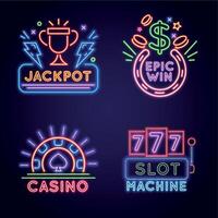 casino vegas straat muur neon spel winnend teken. 777 het gokken sleuf machine. gloeiend Lucky pot banier met trofee. casino icoon vector reeks