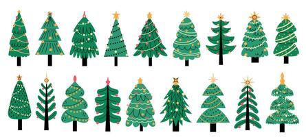 Kerstmis bomen. schattig kleurrijk nieuw jaar decoratie, traditioneel Kerstmis dennen met lichten slinger ster voor groet kaart uitnodiging spandoek. vector reeks