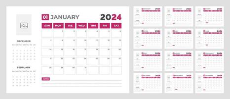 2024 kalender bureaublad ontwerper sjabloon. zakelijke bedrijf muur of bureau gemakkelijk ontwerper kalender met week begin zondag. reeks van 2024 kalender ontwerper sjabloon met plaats voor foto en bedrijf logo. vector