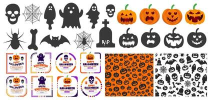 verzameling van mega bundel 31 oktober gelukkig halloween typografie, pompoenen, spin, geest, halloween element, patroon, sticker ontwerp. gebruik naar achtergrond, banier, aanplakbiljet, partij uitnodiging kaart. vector