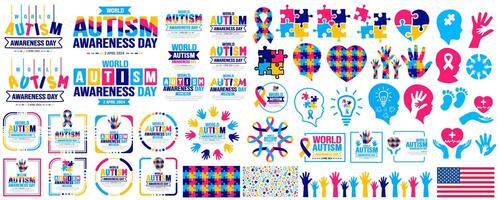 groot mega reeks van wereld autisme bewustzijn dag puzzel stukken, typografie, sticker, puzzel stukken liefde, lint, mensen verhogen handen, autisme baby hoofd, sociaal media post banier, achtergrond, banier bundel. vector