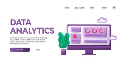 statistieken big data analytics dashboard en business finance rapport investeringen of website seo concept met 3d schattige computermonitor vector