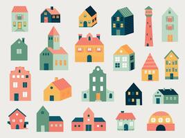 tekening gekleurde huizen. abstract hand- getrokken lijn huisje huizen en landelijk boerderij gebouwen, schattig klein buurt huizen. vector geïsoleerd reeks