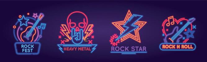 gloeiend neon uithangborden voor rots festival, band of club logo. licht teken voor rots n rollen muziek- partij met punk- schedel en gitaren vector reeks