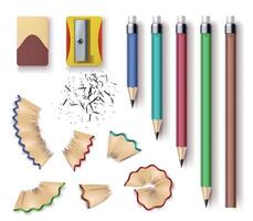 realistisch houten grafiet potloden, slijper, gom en schaafsel. geslepen potlood maten, schrijven en tekening hulpmiddelen. schrijfbehoeften vector reeks