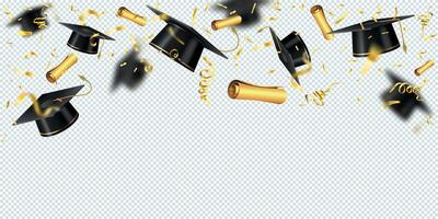 realistisch achtergrond met vliegend diploma uitreiking doppen, goud confetti en diploma. school- of Universiteit studenten afstuderen ceremonie vector banier