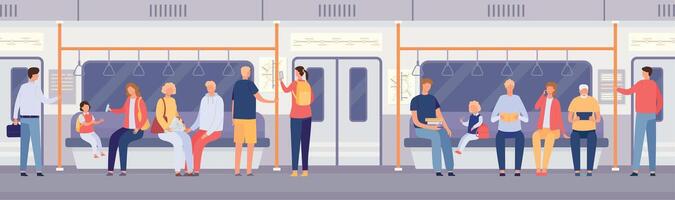 passagier menigte binnen metro trein of stad bus. tekenfilm mensen staand en zittend in openbaar vervoer. reizen door metro auto vector concept