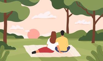 paar in Woud. Mens en vrouw knuffelen en op zoek Bij zonsondergang in park. romantisch picknick in zomer Woud landschap. liefde datum vector concept