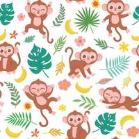 naadloos patroon met baby aap, banaan en tropisch bladeren. tekenfilm kinderachtig oerwoud dier afdrukken voor kleding stof. schattig apen vector structuur