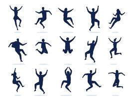 jumping mensen silhouet. gelukkig actief dansen mannen en Dames vieren en hebben plezier. vector zwart symbolen van jongens en meisjes genieten partij