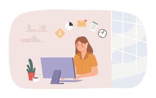 online werk, van een afstand werkplek, freelancer vrouw baan vector