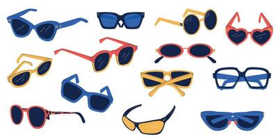 verschillend bril. tekening tekenfilm zonnebril plastic metaal lijsten, kleurrijk bril mode accessoires voor zon bescherming. vector geïsoleerd reeks