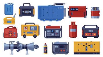 industrieel macht generator. energie genereren portable elektrisch dynamo, propaan gas- cilinder, brandstof jerrycans, tekenfilm diesel backup apparatuur. vector reeks