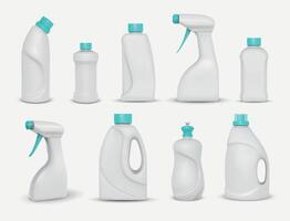 realistisch schoonmaak chemisch producten, wasmiddel pakket modellen. huis schoonmaakster poeder, verstuiven en schotel wassen in wit plastic fles vector reeks