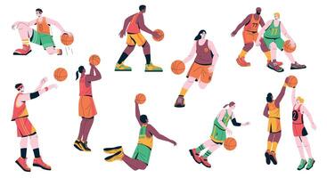 basketbal spelers. tekenfilm mannetje en vrouw tekens spelen sport spel dribbelen jumping het werpen bal in mand, atleten in dynamisch houding. vector reeks