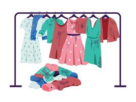 hangende vuil kleren. kleren hanger met verschillend outfits, mode winkel met hangende kleren voor uitverkoop. vector illustratie