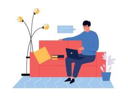 werk van huizen. Mens freelancer in kamer interieur werken in laptop. mannetje karakter zittend Aan sofa hebben ver weg baan vector