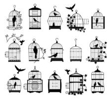 vogel kooien met vogelstand silhouetten. zwart muur stickers met vliegend vogelstand in kooien, minimalistisch decoratief kunst voor interieur. vector geïsoleerd verzameling