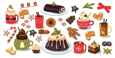 Kerstmis snoepgoed en drankjes. tekenfilm winter vakantie traditioneel voedsel, kop van heet chocola met marshmallows, kerstster fabriek en hulst bessen. vector reeks