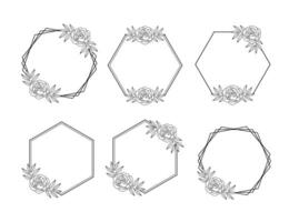 zeshoekig kader versierd met roos bloem schets vector reeks