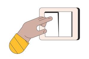 draaien uit licht Aan muur schakelaar lineair tekenfilm karakter hand- illustratie. energie besparing schets 2d vector afbeelding, wit achtergrond. elektriciteit schakelen vinger bewerkbare vlak kleur clip art