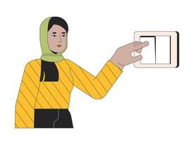 draaien uit licht lijn tekenfilm vlak illustratie. moslim hijab vrouw 2d lijn kunst karakter geïsoleerd Aan wit achtergrond. verminderen elektriciteit gebruik. besparing energie Bij huis tafereel vector kleur beeld