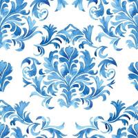 waterverf naadloos patroon met blauw damast ornament. klassiek wijnoogst ornament vector