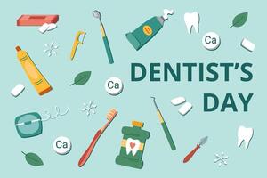 tandarts dag achtergrond. reeks van mondeling zorg elementen. mondeling en tandheelkundig zorg concept. tandheelkundig zorg voorwerpen. vector