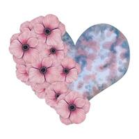 een roze anemoon bloem omhult een hart in een kosmisch stijl. waterverf en markeerstift illustratie. botanisch element voor Valentijnsdag dag, moeder dag. hand getekend geïsoleerd kunst vector