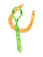 groen stropdas gewichten Aan een gouden hoefijzer.waterverf en markeerstift illustratie.clip kunst samenstelling voor st. Patrick dag.hand getrokken geïsoleerd afbeelding.schets van symbool van rijkdom en succes vector