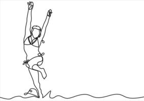 mooi jong meisje jumping Aan zee-continu lijn tekening vector