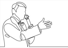 de entertainer. elegant pratend Mens Holding microfoon- doorlopend lijn tekening vector