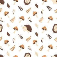 herfst naadloos patroon met schattig egels, bladeren en champignons Aan een wit achtergrond. kinderachtig achtergrond voor kleding stof, omhulsel papier, textiel, behang en kleding. vector illustratie