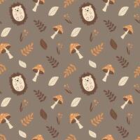 herfst naadloos patroon met schattig egels, bladeren en champignons Aan een bruin achtergrond. patroon voor kleding stof, omhulsel papier, textiel, behang en kleding. vector illustratie