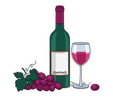 fles van rood wijn, wijn in bril en een druif. met een schets. vector grafisch.