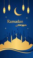 Islamitisch groeten Ramadan kareem blauw achtergrond ontwerp met moskee en lantaarns. Ramadan sjabloon poster vector