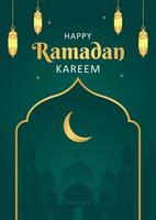 Islamitisch Ramadan viering sjabloon poster ontwerp met goud kader en lantaarn illustratie. Ramadan groen achtergrond, Hoes vector