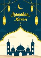 Islamitisch Ramadan viering Ramadan kareem sjabloon poster ontwerp met moskee, en lantaarns. Ramadan achtergrond kader vector illustraties