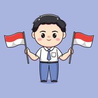 schattig hoog school- leerling jongen Holding Indonesisch vlag chibi kawaii vector