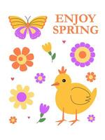kuiken, vlinder en kleurrijk bloemen geïsoleerd Aan wit. genieten voorjaar opschrift en belettering. voorjaar tijd viering. groet kaart, uitnodiging, poster, banier, aanplakbiljet, achtergrond. vector
