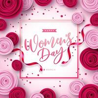 8 maart. gelukkig vrouwen dag bloemen illustratie. Internationale vrouwen dag vector ontwerp met roos bloem en typografie brief Aan licht roze achtergrond. vrouw of moeder dag thema sjabloon voor folder