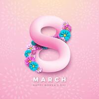 8 maart. gelukkig vrouwen dag bloemen illustratie. Internationale vrouwen dag vector ontwerp met voorjaar bloem en typografie brief Aan licht roze achtergrond. vrouw of moeder dag thema sjabloon voor folder