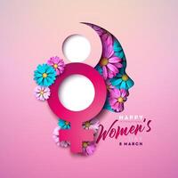 8 maart Internationale vrouwen dag vector illustratie met voorjaar kleurrijk bloem in jong vrouw gezicht silhouet en vrouw symbool Aan licht roze achtergrond. Dames of moeder dag thema sjabloon voor folder