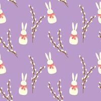 patroon van wit konijn en wilg takken Aan zacht Purper achtergrond, Pasen ontwerp. vector