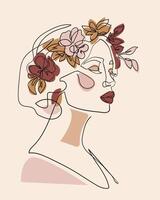 vrouw gezicht met bloemen in haar haar, lijn tekening kunst. - vector illustratie