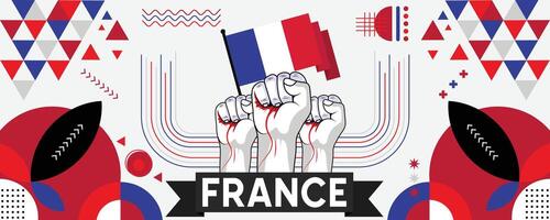 Frankrijk nationaal of onafhankelijkheid dag banier voor land viering. vlag van Frankrijk met verheven vuisten. modern retro ontwerp met typorgaphy abstract meetkundig pictogrammen. vector illustratie.